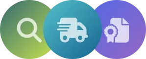 Iconos lupa, transporte, certificación.